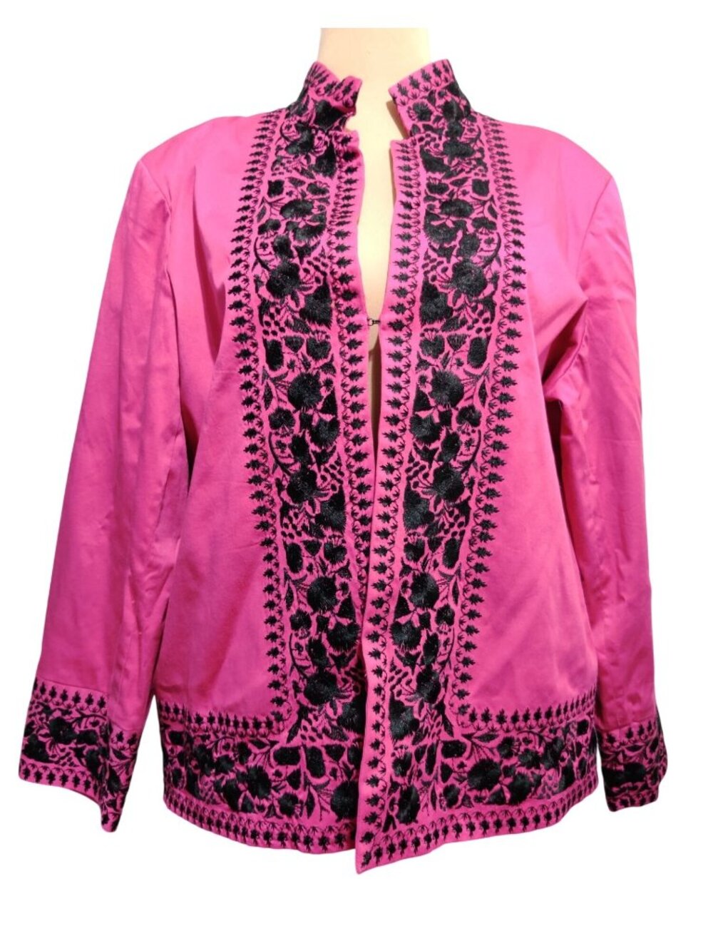 Victor Costa 1X Plus Size Jacket Pink Black Embroidered Floral Mandarin Collar